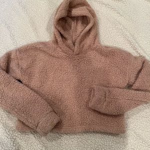Womens Crop sherpa fuzzy hoodie Mandee Size Small Color Tan Camel